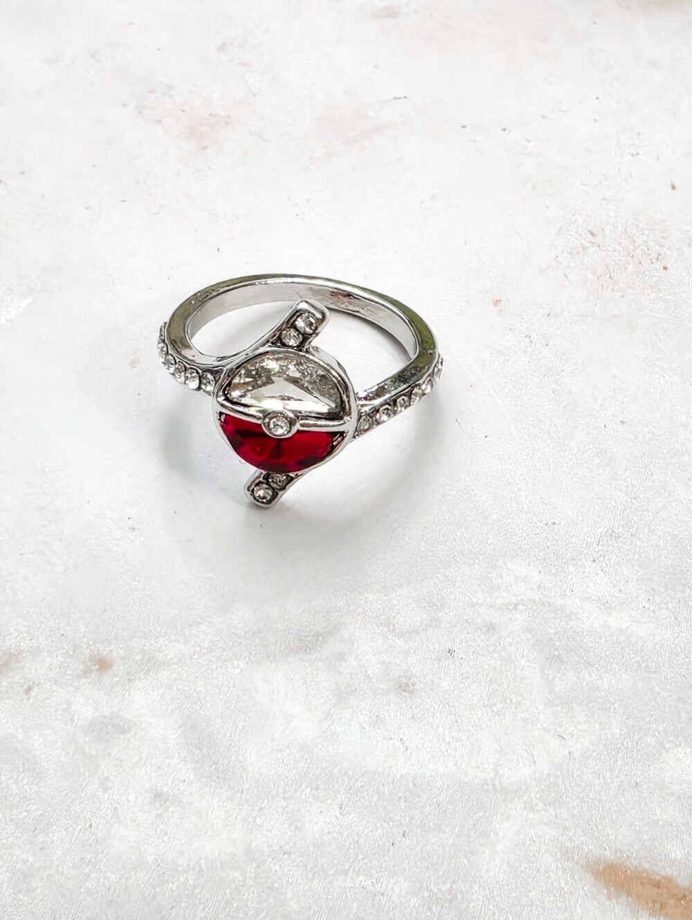 Pokemon Pokeball Crystal Statement Ring Silver Tone Anime Jewelry Size 7